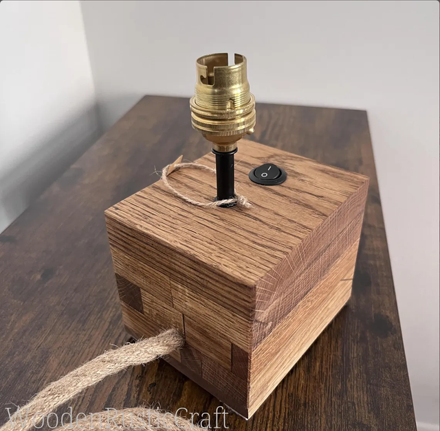 Country Style Solid Oak Lamp Base — Vintage Brass Fitting