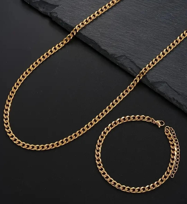 Ensemble Bracelet & Collier Maille Cubaine en Acier Inoxydable Hypoallergénique - Homme