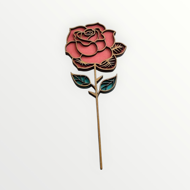 Rose en bois Rouge et doré en 2D- découpe au laser 