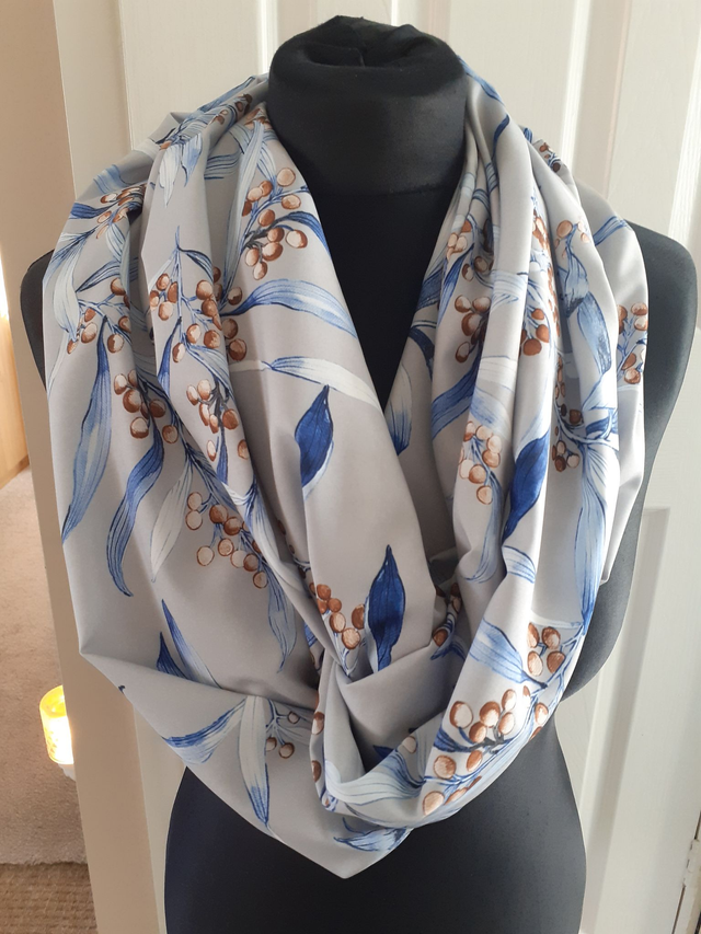 Grey floral, infinity scarf, blue, white and brown flower, loop scarf, wrap, shawl, Mothers Day Gift, Scarf, Scarf Women