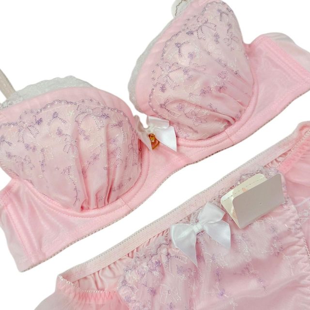 Pink bow embroidered Japanese Bra + Underwear Set UK 32A  