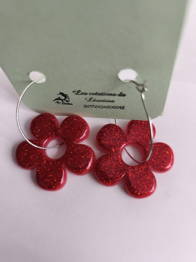 Créoles fleurs rouge pailleté 