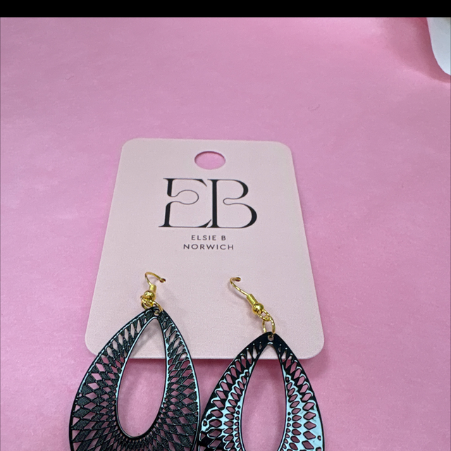 Black filigree drop earrings gold hoops 
