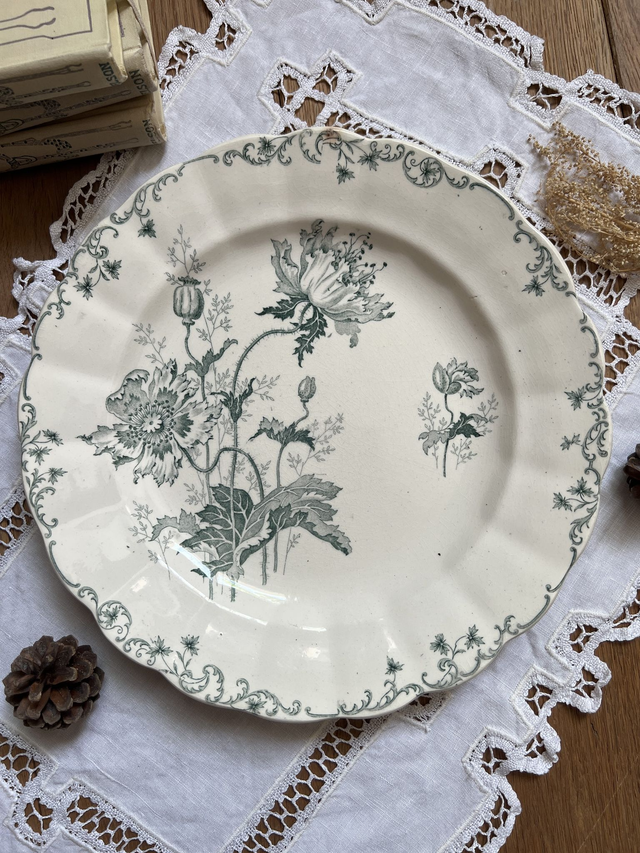 PAVOTS GRIS-VERT - Suite de 4 assiettes plates modèle Pavots par la manufacture française Choisy le Roi (H. Boulenger) - Terre de Fer