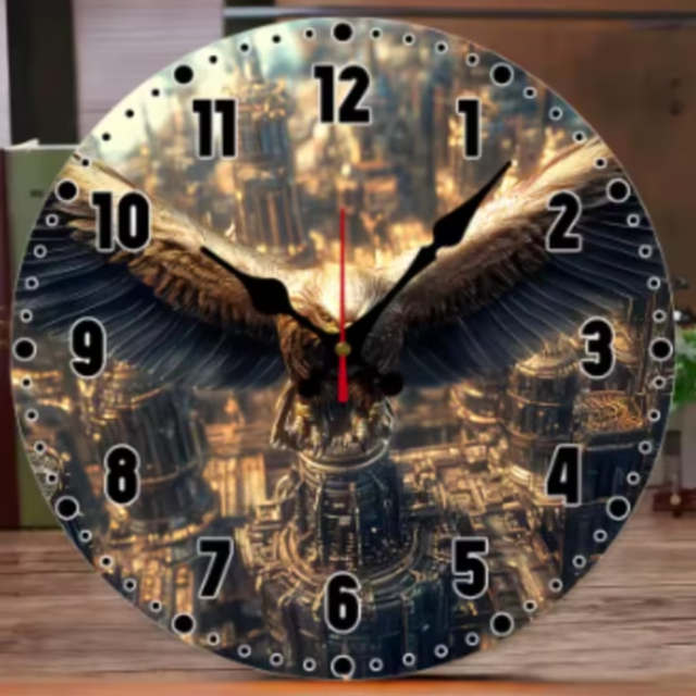 Ronde wandklok van hout Adelaar boven stad (25cm)