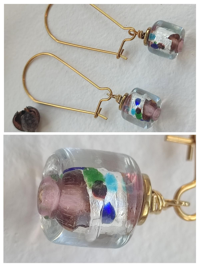 Z-Dormeuses en verre moucheté rose ( blanc, bleu, Vert, turquoise) en acier inoxydable doré - pièce unique- sans nickel 