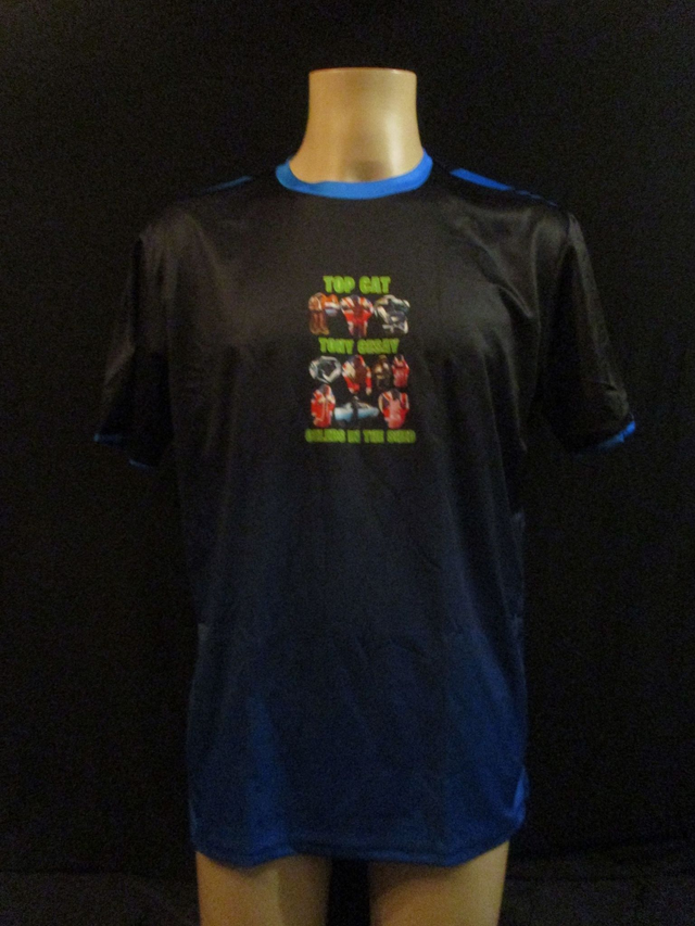 Tony Cesay ABA Champion Boxer Picture T-Shirt (Green &amp; Yellow Logo) ADULT 100% Polyester Crew Neck BLACK &amp; BLUE (Large) Top 