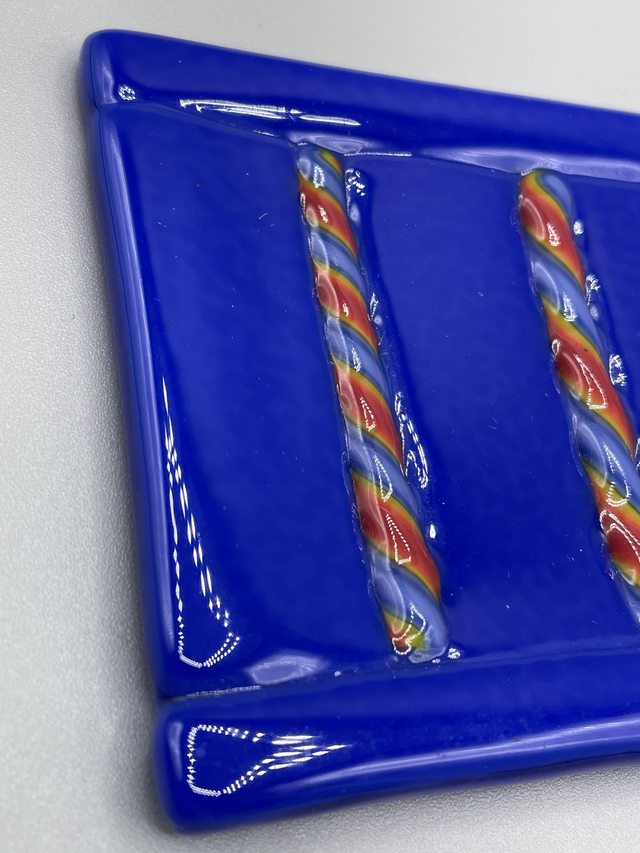 Blue and Multi Coloured Cane Fused Glass Soap Dish