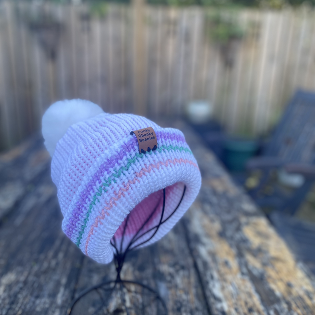Funky Chunky Beanies - Bobble hat - Ice White and Rose with a removable fau-fur pom - Hand Made in Scotland