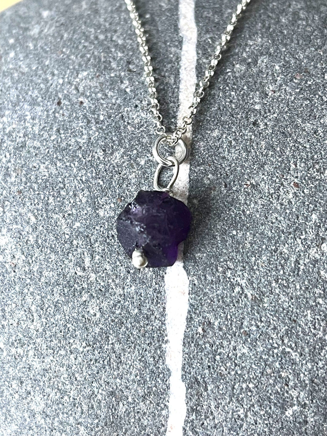 February - Amethyst birthstone necklace - raw &amp; threaded with sterling silver 