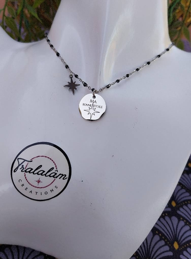 ✨Collier argenté chaîne émaillée noire MA BONNE ETOILE&quot;