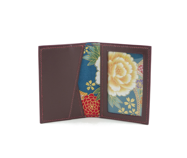 Porte-Cartes MADO Bordeaux foncé avec doublure tissu japonais motif fleurs