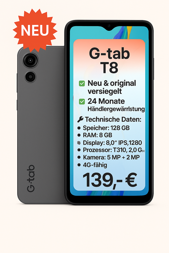  G-tab T8 Tablet – 8" – 128 GB – 8 GB RAM – 4G