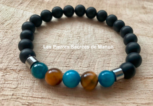 Bracelet Onyx, Œil de Tigre et Apatite Bleue - Perles de 8mm