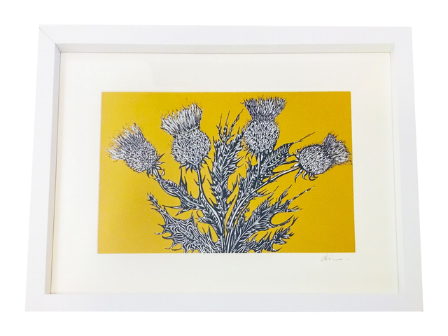 Norfolk Mustard Thistle Ink sketched Giclee Art framed print 