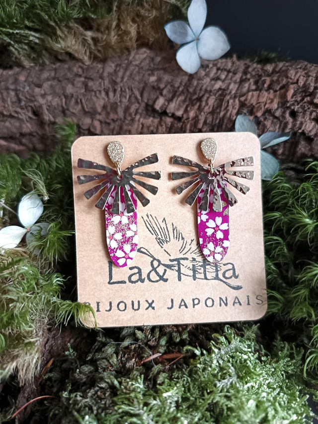Boucles d'oreilles - puces - papier washi - Sakura - soleil - martelé - La&amp;Titia 