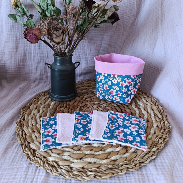 Panière + 5 Cotons Lavables Orchidées Bleu Roi