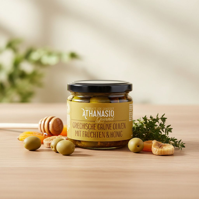 Elearte Athanasio Griechische Grüne Oliven mit Früchten & Honig 300g