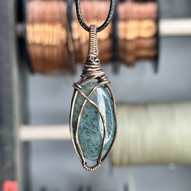 Moss Agate pure copper wire wrapped pendant 