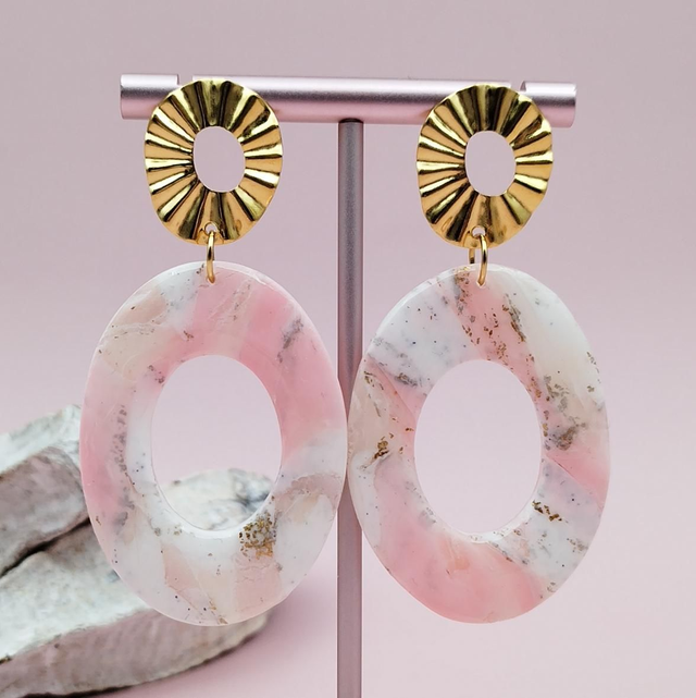 Boucles d'oreilles "Ovéie" Effet Marbre Blanc, Rose et Doré