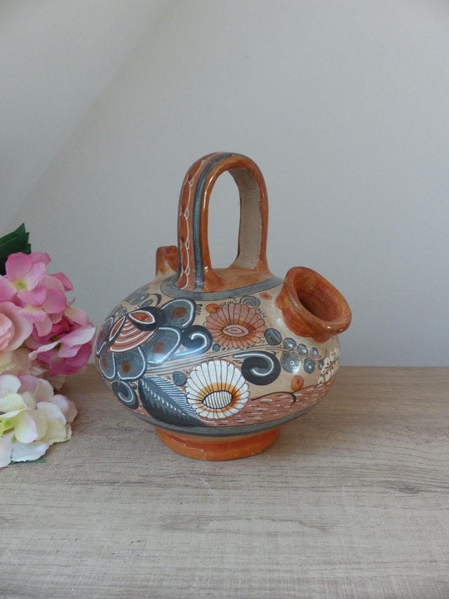 Rare Chevrette Tonala en Poterie – Pichet Décoratif Fabriqué et Peint à la Main au Mexique – Art Populaire Vintage – Vase ou Cruche à Eau