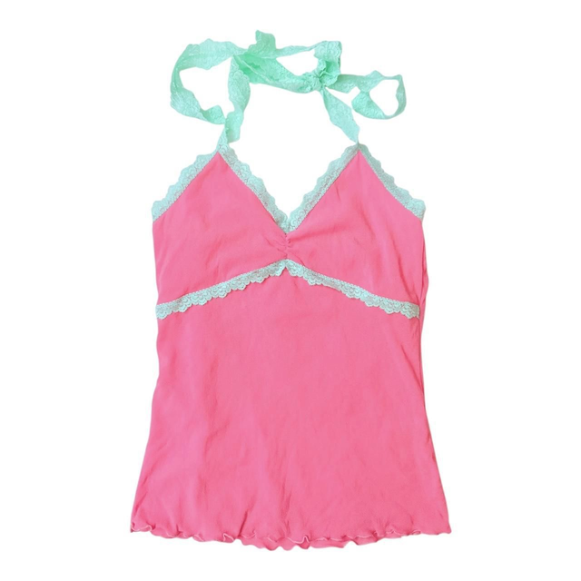 Japanese brand coquette pink and mint green mesh halterneck top 
