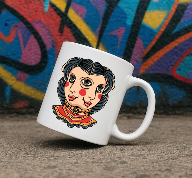 Traditional Tattoo Style Two Faced Women 11oz Ceramic Printed Mug Design