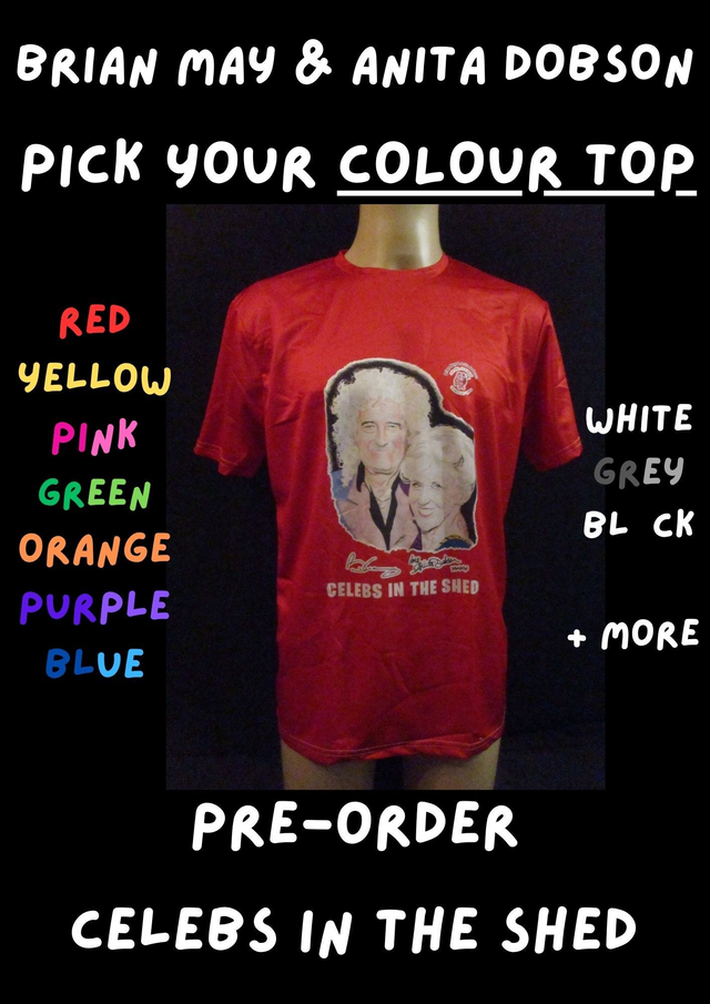 Anita Dobson &amp; Brian May Signed Picture T-Shirt ADULT 100% Polyester Crew Neck Top PRE-ORDER