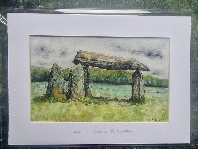 Original ink and wash landscape painting, Pentre Ifan Burial Chamber, Pembrokeshire.  Unique housewarming or birthday gift.