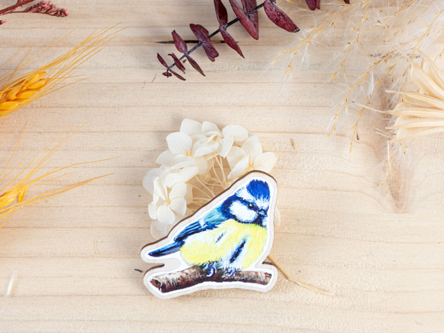Holz Brosche - Blaumeise