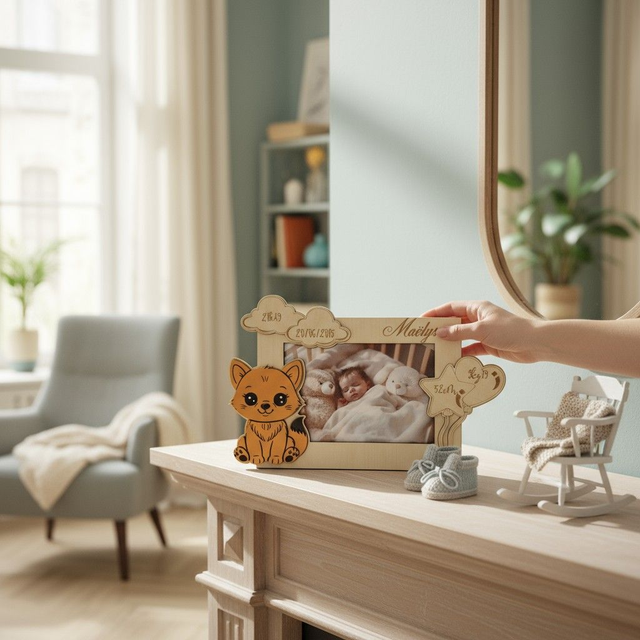 Cadre photo personnalisé en bois gravé – décor animal peint pour enfant