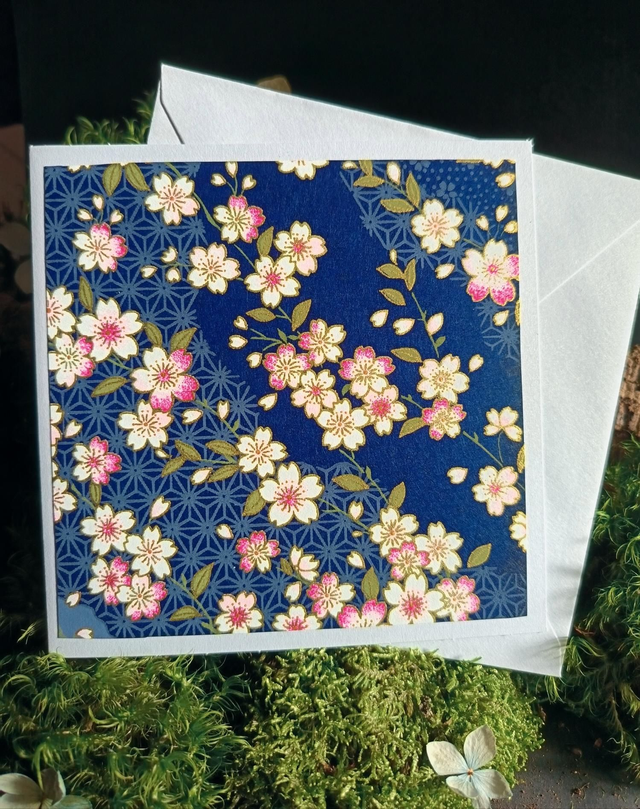 Carte - enveloppe - papier washi - fleurs - bleu - La&amp;Titia 