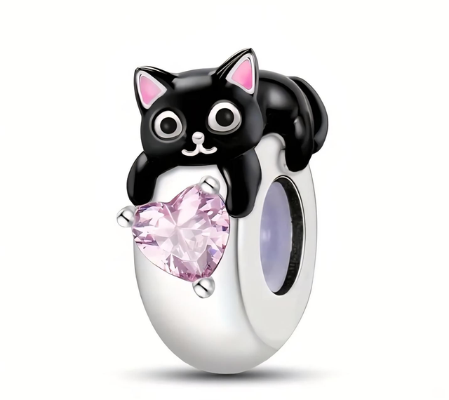 Berloque Gato Preto com Coração Rosa