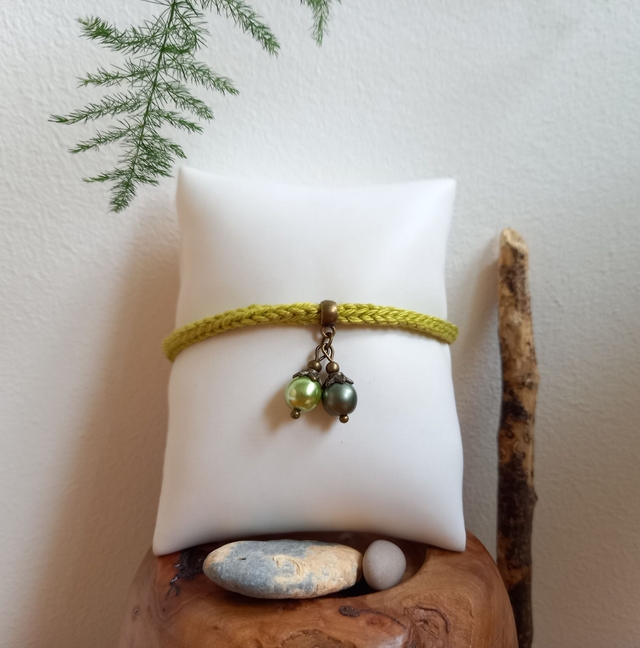 Parure vert anis et bronze - Bracelet tricoté