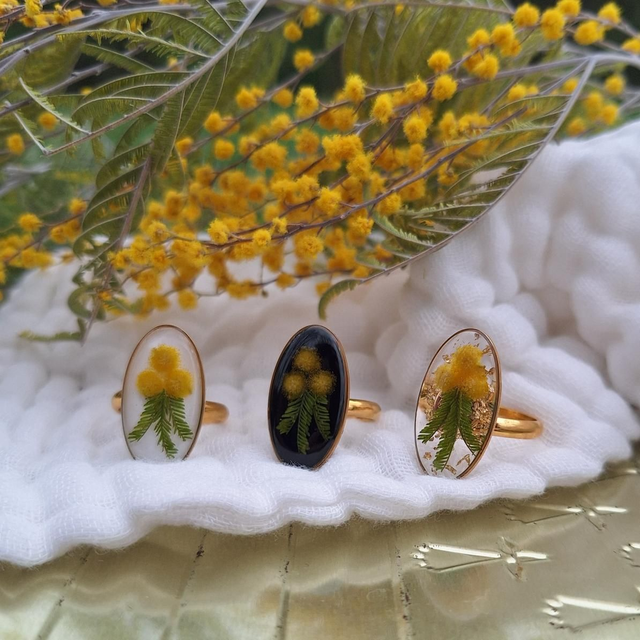 Bague dorée · Hermine bretonne en Fleurs de Mimosa