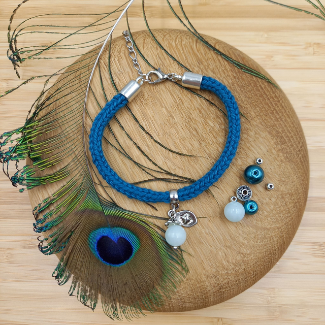 Parure bleu canard et argentée - Bracelet tricoté bleu canard et argenté