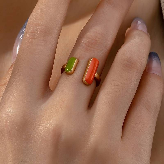 Enamel rectangle ring - green and orange