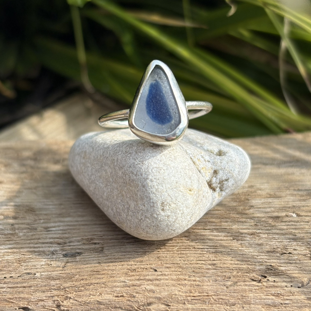 Blue & White Seaham Multi & Recycled Silver Ring Size T