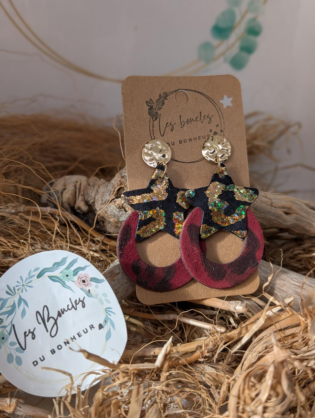 Boucles d'oreilles star léopard doré bordeaux mo421