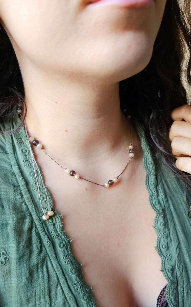 Collier de perles réglable - Obsidienne fumée et perles de verre