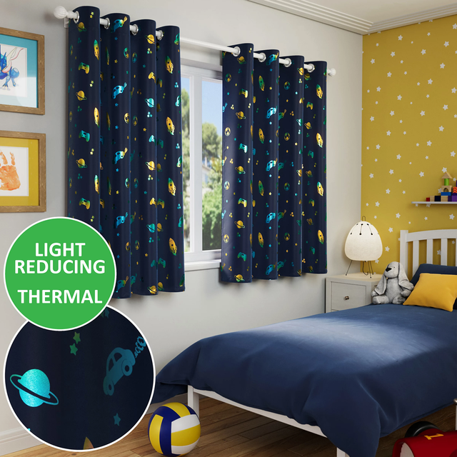 Enhanced Living Infinity Room Darkening Thermal Blue Metalic Print Children’s Eyelet Curtains