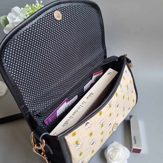 Mini-sac cartable "Maneko" beige & simili cuir noir