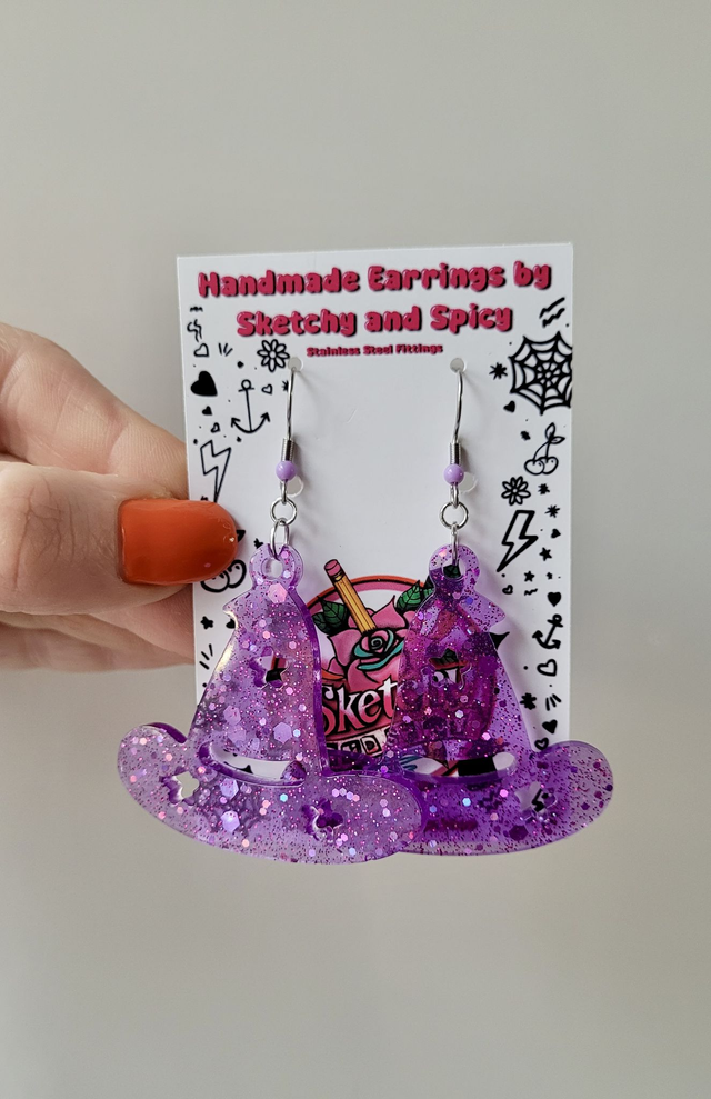 Earrings | Purple Glitter Witch Hat | Stainless Steel Hooks