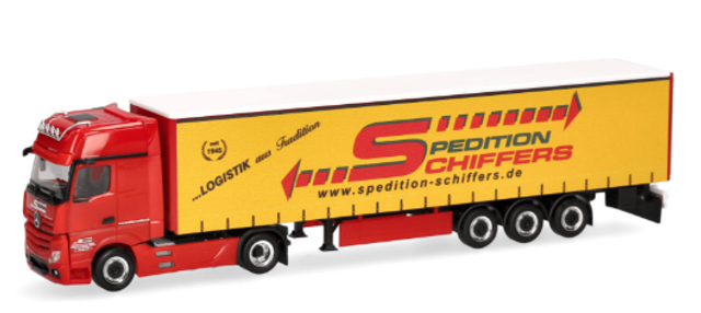 Mercedes Actros Gigaspace Gardinenplanen-Sattelzug Spedition Schiffers Herpa 1:87
