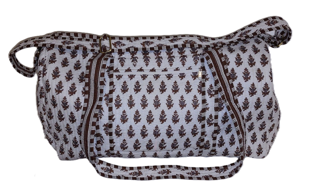 Sac de sport ou de week-end matelassé – Coton imprimé à la main -  Grand format pour voyages - Motif marron, gris, blanc  