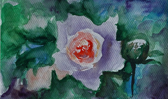 Sanna Eskelinen: Aamuaurinko paljastaa salaisuuden puutarhassa. Akvarelli paperille. 24×14cm. 2024.  (Lähetetään ilman kehyksiä.)