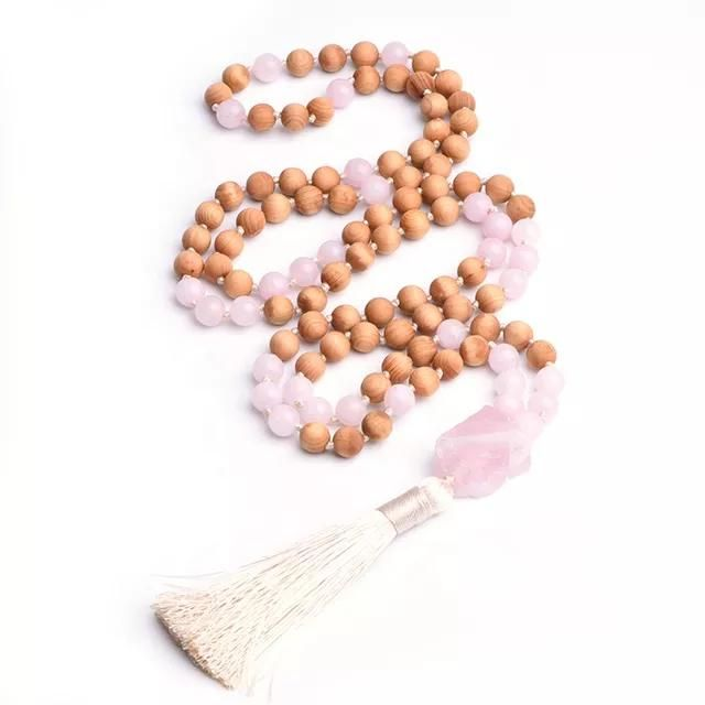 108 Kralen Mala Ketting Rozenkwarts En Hout Met Kwastje