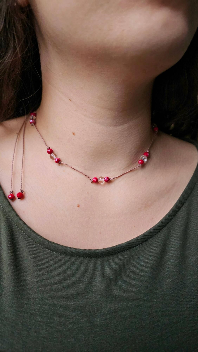 Collier de perles réglable - Cristal de roche et perles de verre