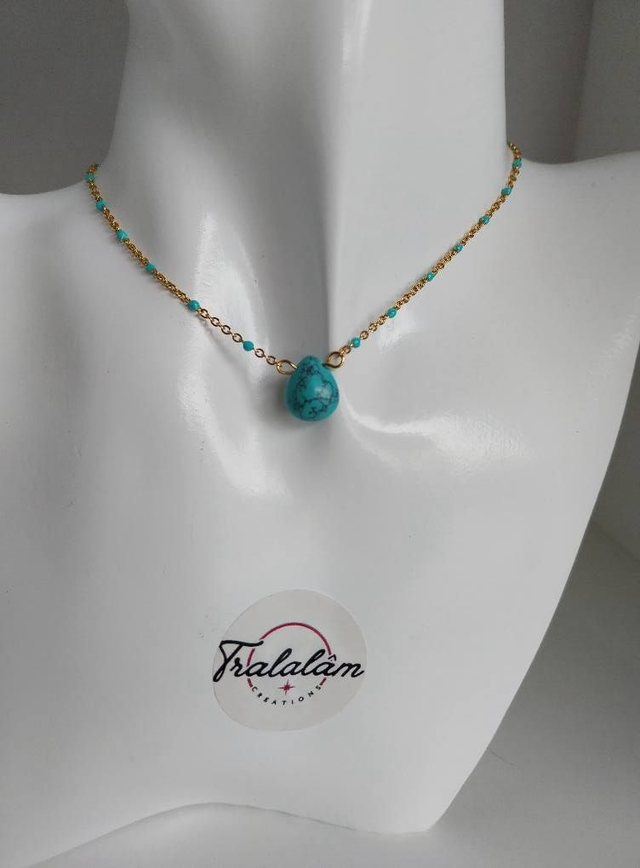  ✨Collier &quot;chaîne fine et pierre goutte turquoise✨