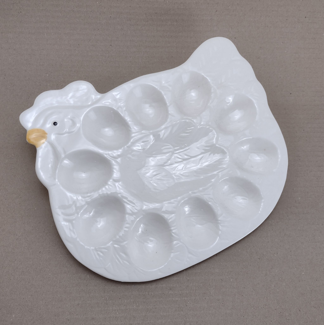 Kip | Eiercabaret Serveerplankje voor 10 eieren Keramiek Middenvak Ophangoog Geel met witte kleur (afmetingen 23,5 x 20,0 x 2,0 cm | Vintage